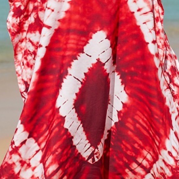 Boho Red Summer Tie Dye V-neck Batwing Sleeve Kaftan Maxi Dress, Beach Cover Up - Picture 8 of 9
